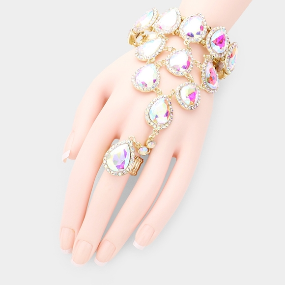 Gold Abalone Teardrop Crystal Evening Hand Chain Bracelet Statement Jewelry Ring - Picture 1 of 2